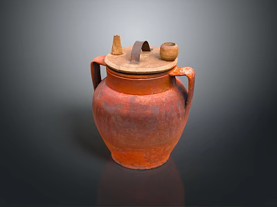 Orange Red Earthenware Jar With Lid Metal Handle And Side Handles For Daily Use 3d model