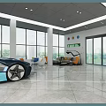 4S Luxury Car Showroom Displaying Red Sports Car On Circular Stand And Blue Vehicle Screen