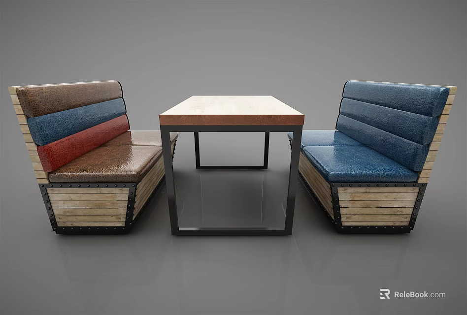 Modern Public Chairs With Double Seat Wooden Base And Colorful Backrests With Matching Table 3d model 