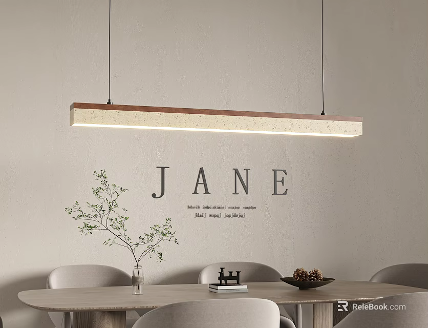 Modern Long Strip Pendant Light In Dining Area With Jane Wall Art And Table Decor 3d model 