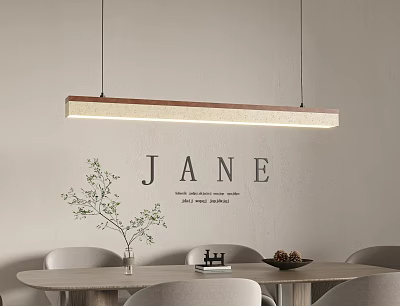 Modern Long Strip Pendant Light In Dining Area With Jane Wall Art And Table Decor 3d model