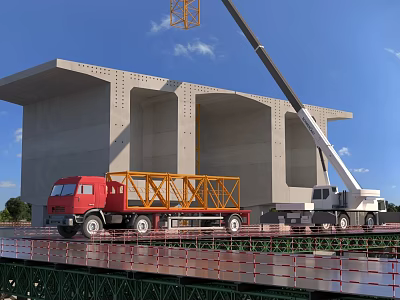 Bridge Construction Site With Crane Red Truck Yellow Equipment And Blue Sky 3d model