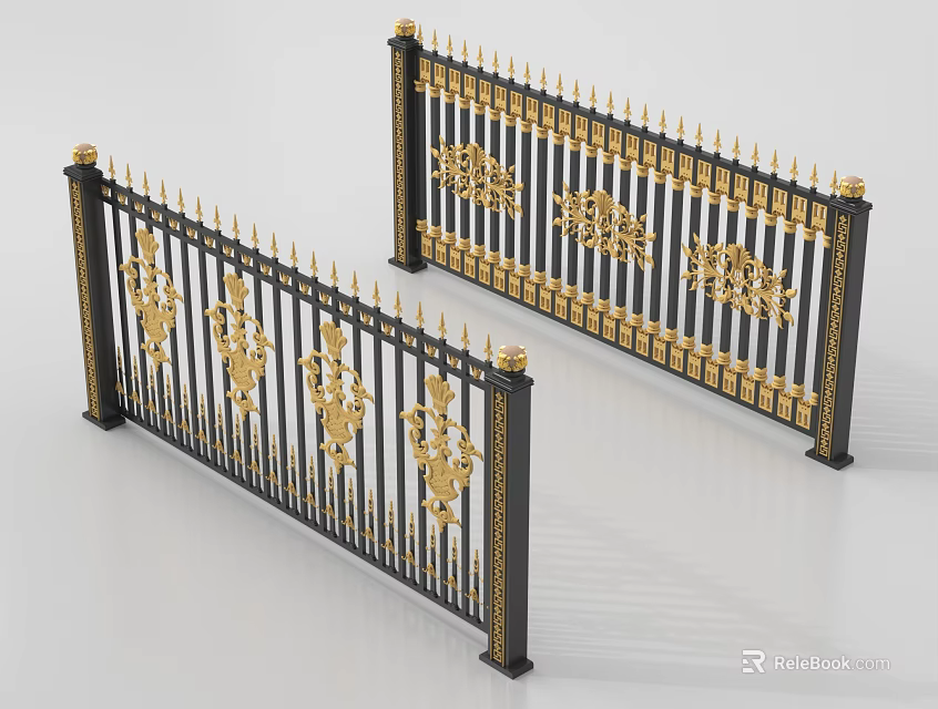 Elegant Black And Gold Railings With Ornate Carvings And Spiked Tops 3d model 