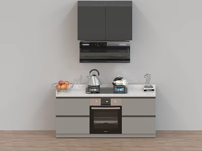 Modern Kitchen Cabinets With Upper Dark And Lower Light Units Stove Kettle Fruits And Oven 3d model