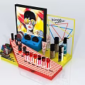 Stylish Colorful Display Shelves With Cosmetics Lipsticks Perfumes And Decorative Posters