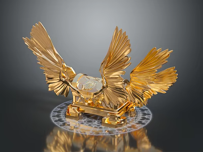 Ornate Golden Decorative Box With Winged Design And Crystal Centerpiece 3d model