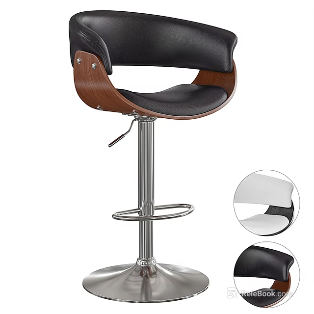 Modern Black Leather Bar Stool With Wooden Frame Metal Base And Adjustable Height 3d model 