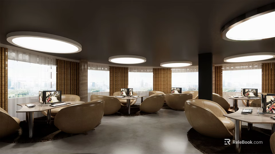 Modern Stylish Internet Cafe Interior With Comfortable Seats Computers And Bright Lighting 3d model