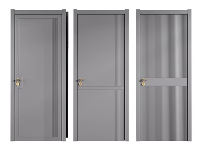 Modern Gray Hinged Interior Doors With Various Panel Designs And Brass Handles 3d model