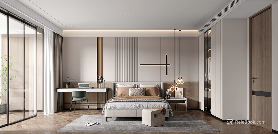 Modern Bedroom Interior With Comfortable Bed Striped Wall And Pendant Lights 3d model 