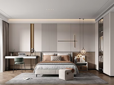 Modern Bedroom Interior With Comfortable Bed Striped Wall And Pendant Lights 3d model