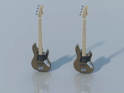 Two Brown Electric Bass Guitars On Light Blue Background With Reflections 3d model