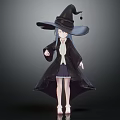Witch Character in Black Robe with Large Hat Gray Hair White Shirt and Dark Skirt