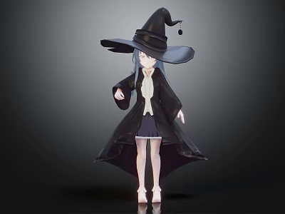 Witch Character in Black Robe with Large Hat Gray Hair White Shirt and Dark Skirt 3d model