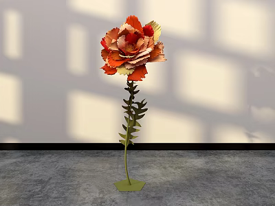 Large Paper Flower Floral Installation With Orange Yellow Petals Green Stem And Shadowy White Wall 3d model