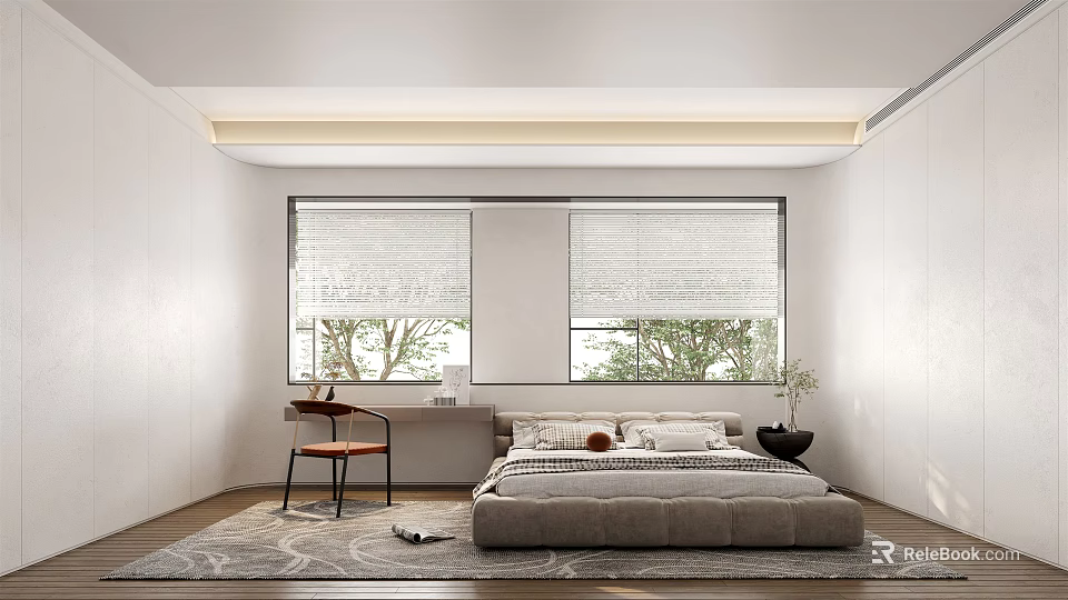 Modern Bedroom Interior Design With Large Windows Roller Blinds King Size Bed And Area Rug 3d model 