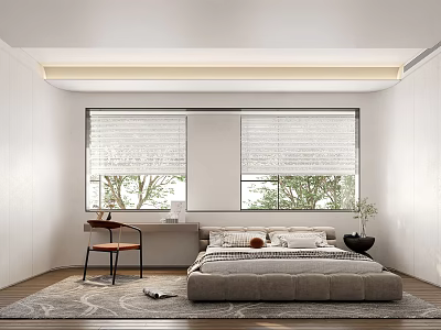 Modern Bedroom Interior Design With Large Windows Roller Blinds King Size Bed And Area Rug 3d model