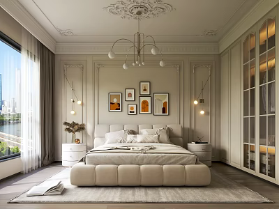 Elegant Modern Bedroom Interior Design With Bed Nightstands Decorative Paintings Chandelier Window And Rug 3d model