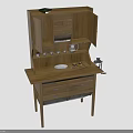 Wooden Sideboard With Open Cabinets Multiple Drawers And Tabletop Tea Set