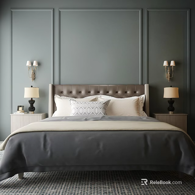 Elegant Double Bed with Tufted Headboard Pillows Bedside Lamps and Gray Paneled Walls 3d model 