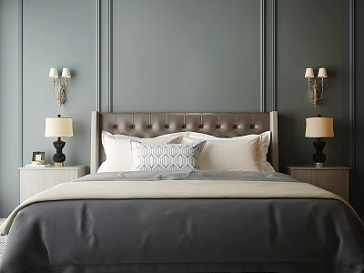 Elegant Double Bed with Tufted Headboard Pillows Bedside Lamps and Gray Paneled Walls 3d model
