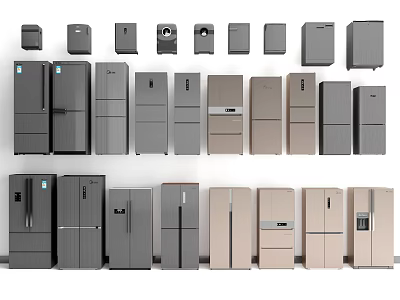 Various Styles Of Modern Refrigerators And Freezers In Different Colors On 3d model