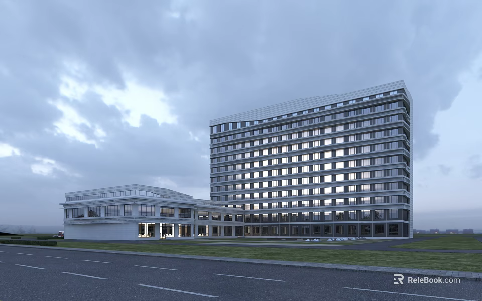 Modern Multi Storey Hospital Building With Glass Facade And Roadside Green Lawn 3d model 