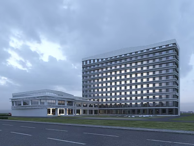 Modern Multi Storey Hospital Building With Glass Facade And Roadside Green Lawn 3d model