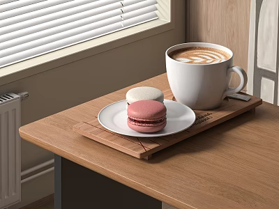 Fresh Latte with Latte Art and Colorful Macarons on Wooden Table Near Window 3d model