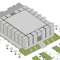 Modern Building With Stone Facade Glass Curtain Wall Plaza With Street Lamps Lawn And Pedestrians