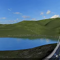 Picturesque Natural Scenery With Blue Lake Lush Green Mountains And Suspension Bridge Under Clear Sky
