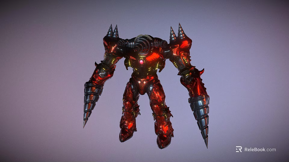 Red Spiked Game Movie Character With Glowing Core And Mechanical Armor 3d model 