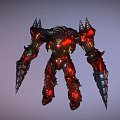 Red Spiked Game Movie Character With Glowing Core And Mechanical Armor