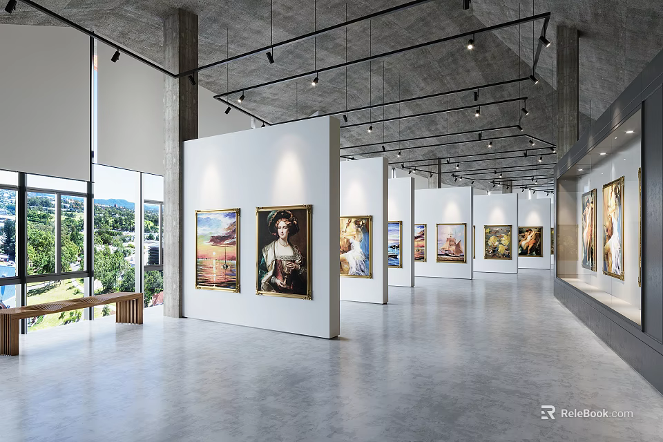 Modern Art Gallery Interior Featuring White Walls Paintings Large Windows And Gray Concrete Floor 3d model 