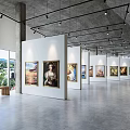 Modern Art Gallery Interior Featuring White Walls Paintings Large Windows And Gray Concrete Floor