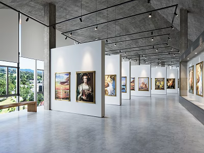 Modern Art Gallery Interior Featuring White Walls Paintings Large Windows And Gray Concrete Floor 3d model