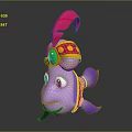 Cartoon Purple Fish With Pink Hat Yellow Dots Green Gem And White Accents