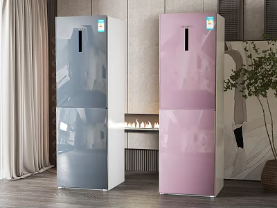Modern Home Interior Featuring Sleek Gray And Pink Refrigerators In Living Space 3d model
