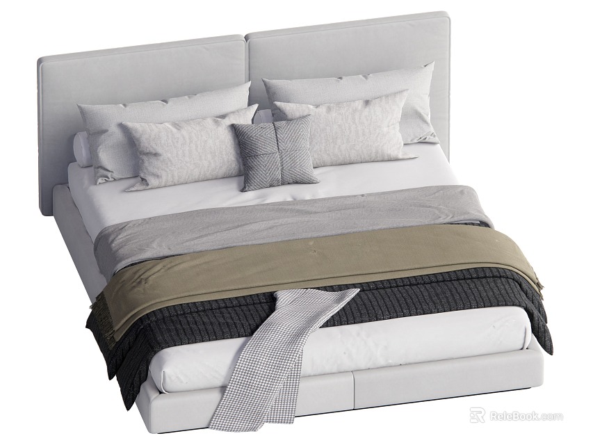 Modern Double Bed With Gray Headboard Decorative Pillows And Layered Blankets 3d model 