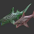 Realistic Striped Prehistoric Fish Models With Sharp Teeth And Open Mouths 3d model