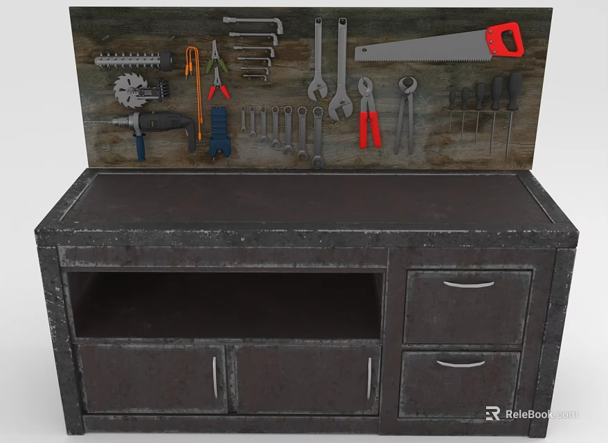 Dark Wooden Workbench with Wrenches Saw Pliers and Screwdrivers Storage Drawers 3d model 