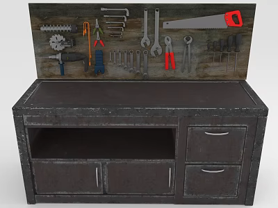 Dark Wooden Workbench with Wrenches Saw Pliers and Screwdrivers Storage Drawers 3d model
