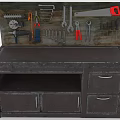 Dark Wooden Workbench with Wrenches Saw Pliers and Screwdrivers Storage Drawers