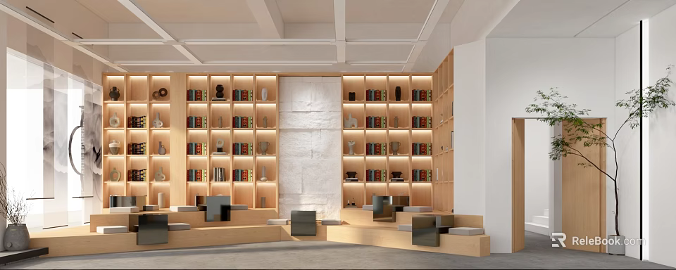 Book Art Themed Library Interior With Shelves Books And Seating 3d model 
