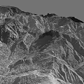 Scenic Monochrome Mountain Landscape With Winding River And Rugged Terrain
