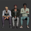 Group of Three Men Sitting Together in Different Casual Outfits and Poses