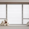 Cozy Bay Window Seat With White Blinds Teddy Bears And Brown And White Cushions