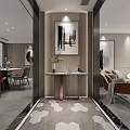 Modern Living and Dining Room Interior With Decorative Painting Geometric Tiles Dining Table and Sofa