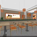 Modern Restaurant Interior With Service Counter Wooden Tables And Warm Pendant Lights