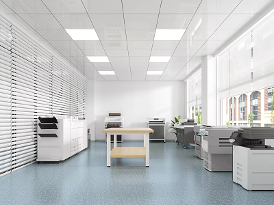 Spacious Public Office Area With White Ceiling Square Lights Window Blinds Printers And Blue Floor 3d model